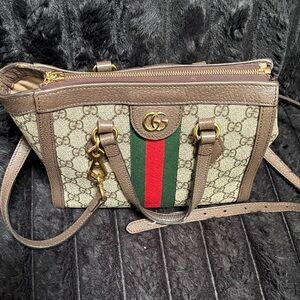 Gucci Beige and Brown Shoulder Bag with Gold Accents